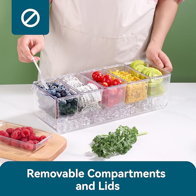 Chilled Condiment Tray Server with 5 Containers and Removable Compartments, Large Ice Chilled Condiment Organizer, Clear Garnish Serving Platter for Fruit, Salad, Food, Bar Accessories