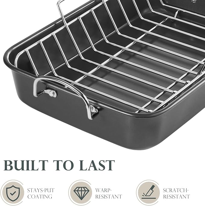 KITESSENSU Nonstick Roasting Pan with Rack 15 x 11 inch - Turkey Roaster Pan for Ovens - Wider Handles & Heavy Duty Construction, Gray