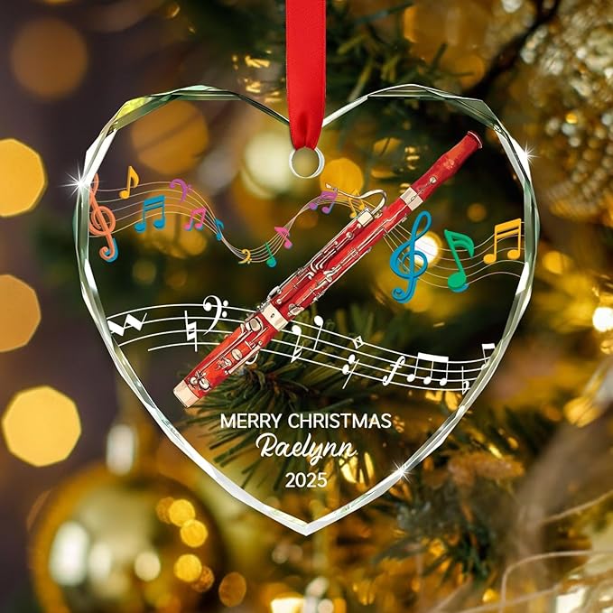 Personalized Bassoon Instrument Glass Xmas Ornament Gift, Customized Bassoon Player Christmas Keepsake Ornament with Text Year Name, Unique Bassoons Musical Instrument Glass Christmas Ornaments 2025