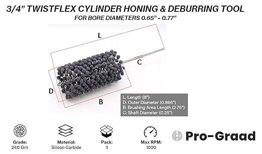 TwistFlex Cylinder Hone | 3/4" 240SC Flexible Cylinder Honing & Deburring Tool | 0.75" Bore Brush for Hole Diameters 0.65"- 0.77" | Silicon Carbide 240 Grit | 1/4" Shank | 8" Overall Length