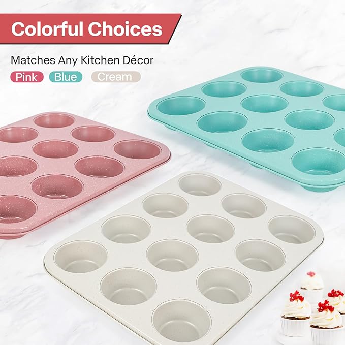 2-Pack Pink Nonstick Muffin Pans, 12-Cup Muffin Cake Pan, 5-Layer Free PFOA/PFOS/PTFE Safe Cupcake Pan, Durable & Easy-Clean Muffin Cup for Baking