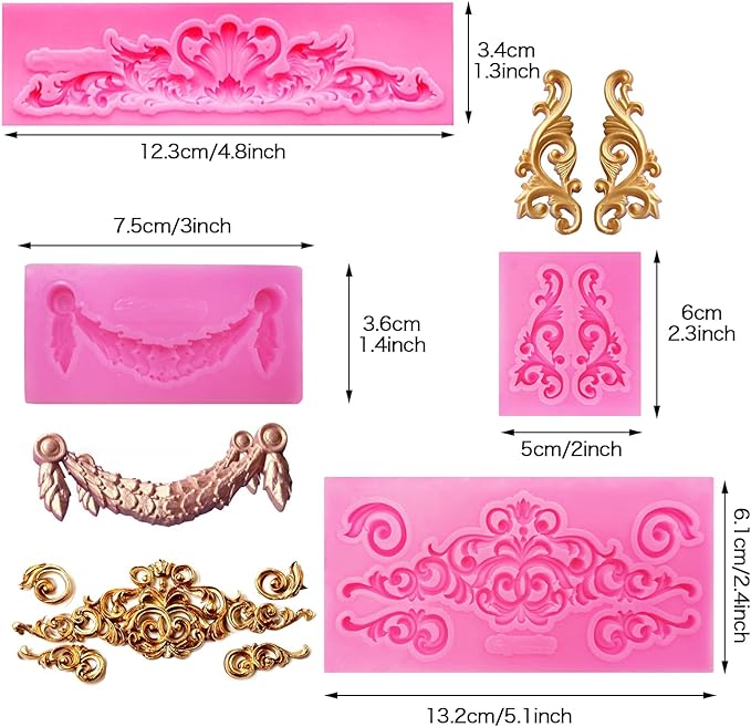 Rainmae 6 Pcs Baroque Style Curlicues Scroll Lace Fondant Silicone Mold, Relief Flower Lace Mould Filigree Mold 3D Sculpted Decoration, Cupcake Topper, Jewelry, Polymer Clay, Crafting Projects