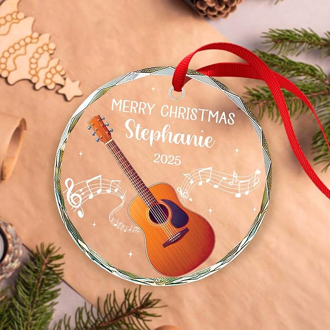 Custom Guitar Musical Instrument Xmas Glass Ornaments, Instrument Christmas Ornament Gifts for Guitarist, Personalized Text & Name Guitar Player Glass Ornaments, Musical Lover Ornament Christmas 2025
