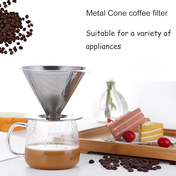 Slow Drip Paperless Coffee Filter, Pour Over Coffee Dripper, Reusable Pour Over Coffee Maker for Single Cup Brew, Double Mesh Design of Stainless Steel Cone Filter, with Clean Brush (1-4 cups)