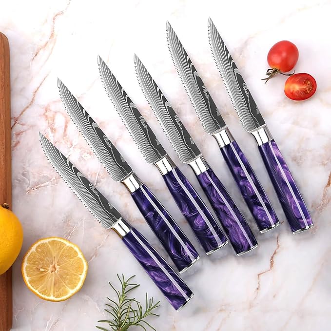 SENKEN 16-Piece Kitchen Knife Block Set - Japanese Chef's Knife Set with Laser Damascus Pattern, Includes 6 Steak Knives and Smoothly-Finished Acacia Hardwood Knife Block (Purple Resin Handles)
