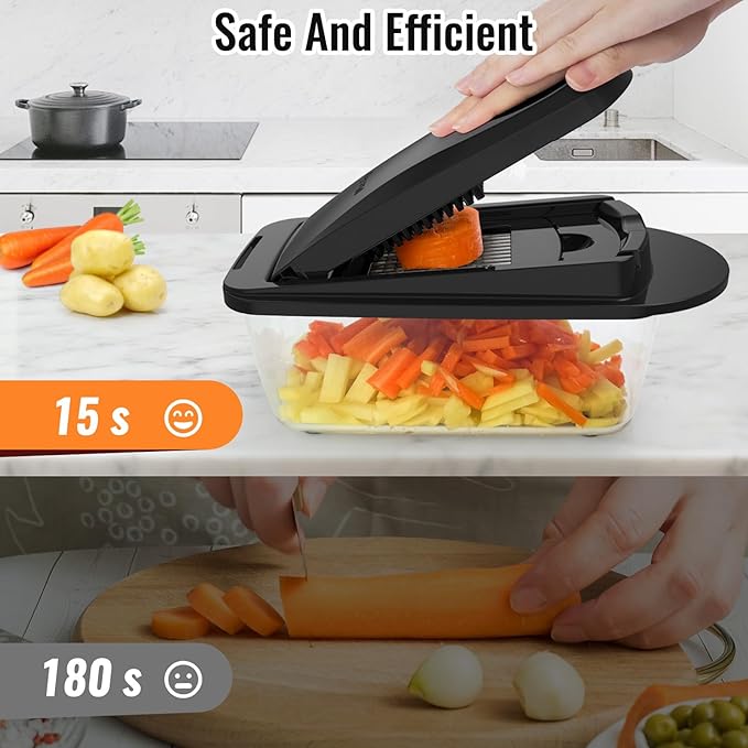 8 Blade All-in-1 Vegetable Chopper Mandoline Slicer with Container, Food Chopper, Onion Chopper, Veggie Cutter for Salad, Kitchen Gadgets Accessories Essentials, Black