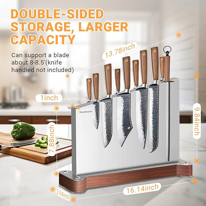 Magnetic Knife Block Without Knives Large Double Side Magnetic Knife Holder Stand with Strong Magnet, Stainless Steel Knife Storage Organizer for Kitchen Counter Knife Rack Three Magnet Strip