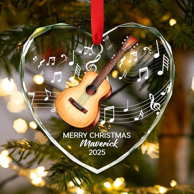 Personalized Guitar Glass Christmas Ornament 2025, Customized Text Year Name Keepsake Ornaments Gift for Guitarist Brother Sister Dad Mom Kids, Unique Guitar Musical Instrument Glass Xmas Ornament