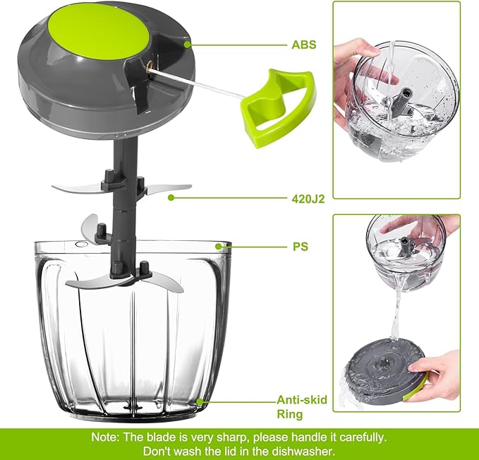 Manual Food Processor Vegetable Chopper, Portable Hand Pull String Garlic Mincer Onion Cutter for Veggies, Ginger, Fruits, Nuts, Herbs, etc., 900ml-Gray