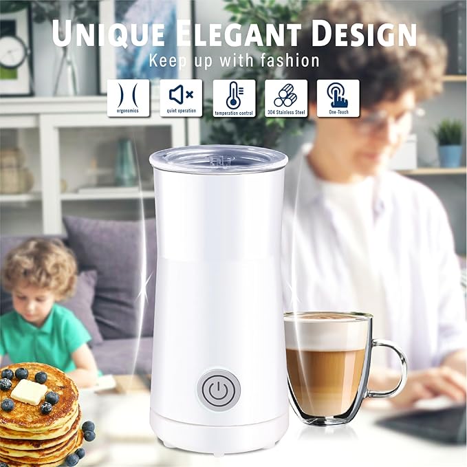 Huogary Milk Forther Simple Milk Frother and Steamer 2-in-1 Milk Steamer with Hot Milk Foam and Hot Milk for Latte, Macchiato, Cappuccinos, White （Medium）