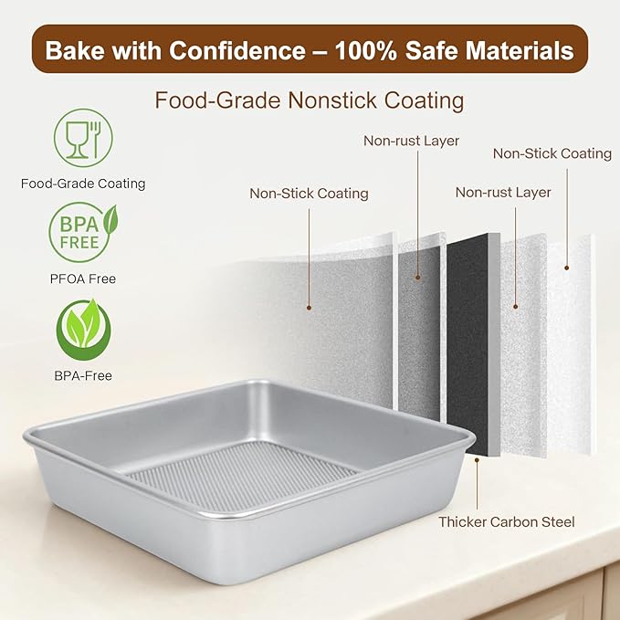 9-Inch Square Cake Pan Set of 2, Heavy Duty Nonstick with Textured Honeycomb Surface, Aluminized Steel BPA & PFOA Free, Warp Resistant, Even Heating for Brownies, Lasagna, Pizza & Casseroles