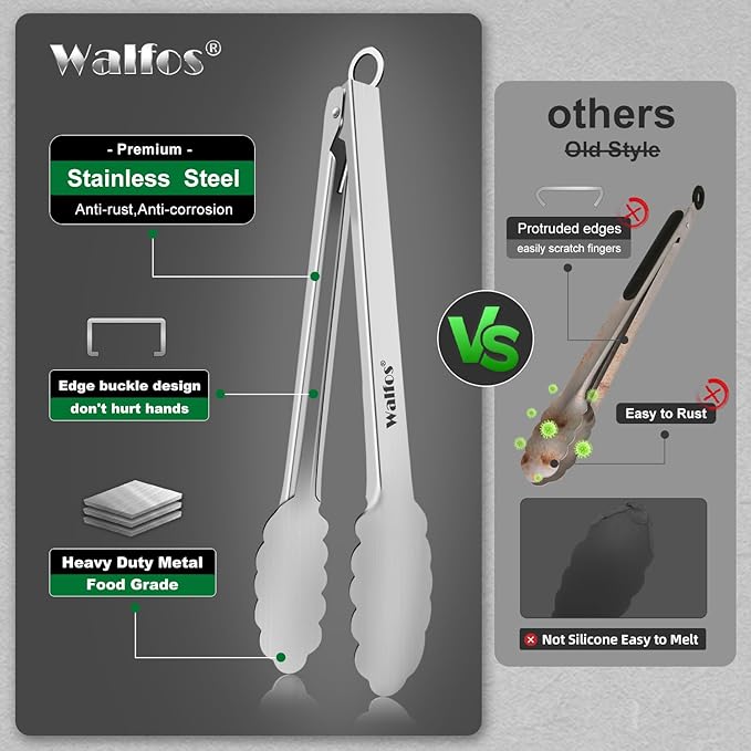 Walfos Kitchen Tongs for Cooking, 600℉ Heat Resistant Stainless Steel Tongs, All Metal Heavy Duty Tongs For Food ,BBQ Grilling - 7 ，9 and 12 Inch ,Set of 3