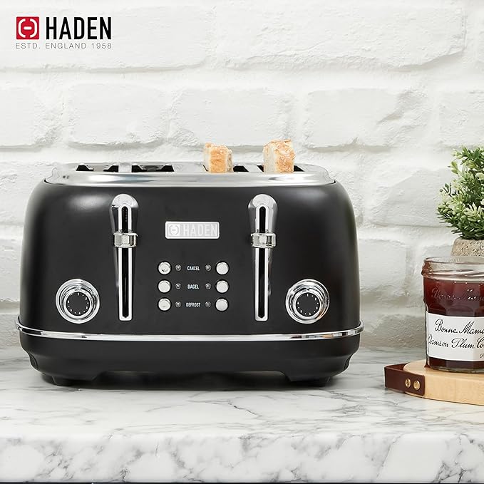 Haden Heritage 4 Slice Wide Slot Stainless Steel Toaster Bundled with 12 Cup Programmable Drip Coffee Maker Coffee Machine, Black & Chrome