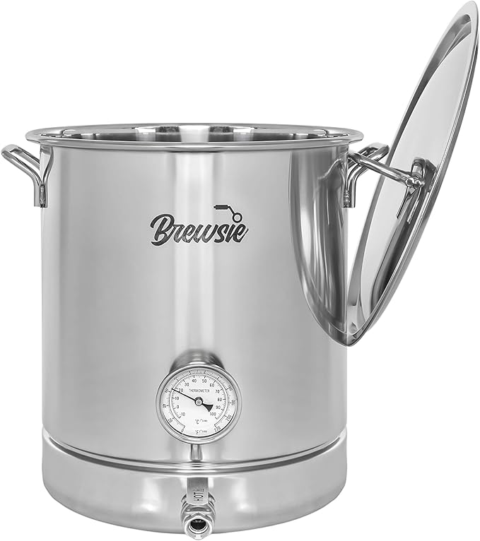 BREWSIE Stainless Steel Home Brew Kettle w/Dual Filtration. Equip with False Bottom Thermometer and Ball Valve for Brewing (8 Gal/ 32 QT)…