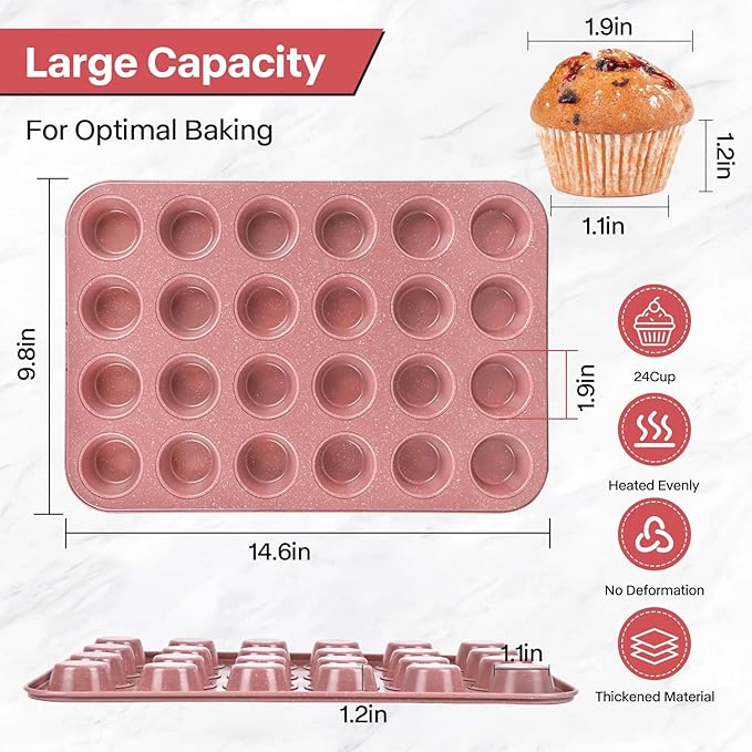 Spmart 2-Pack 24-Cup Nonstick Ceramic-Coated Mini Muffin Pan | Durable & Easy Clean Muffin Tins | Perfect for Small Baked Goods & Party Treats (Pink)