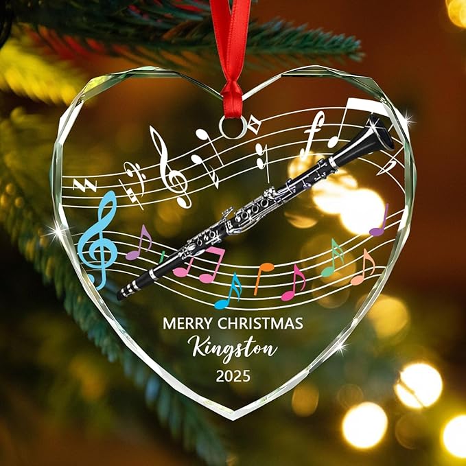 Customized Text Year Name Clarinet Glass Xmas Ornament, Personalized Clarinet Lover Christmas Ornaments Gift for Women Men Friends Besties Coworker, Unique Clarinetist Glass Christmas Ornament 2025