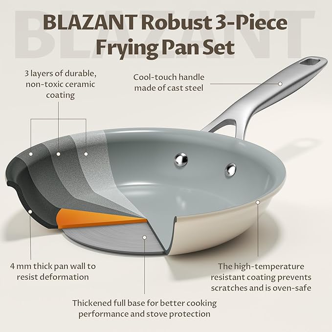 Ceramic Frying Pans Set, 3-Pieces Fry Pan (8", 9.5", 11") with Tri Ply Nonstick Coating, Induction Skillet Set with Handles, Healthy Fast Heating Cookware, Oven Safe, Suitable for All Stove