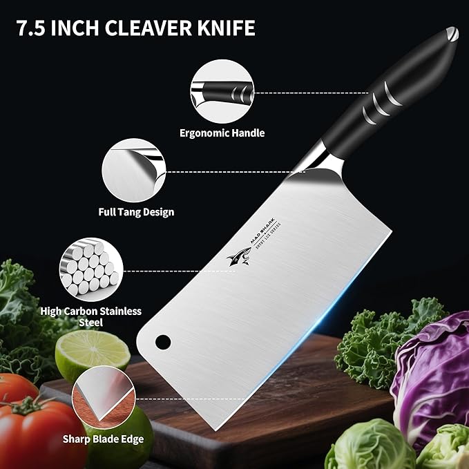MAD SHARK 7.5 Inch Meat Cleaver Knife, Professional Bone Chopping Butcher with Heavy Duty Blade, German Military Grade Composite Steel, Chinese Chef's Bone Cutting Knife for Home Kitchen & Restaurant