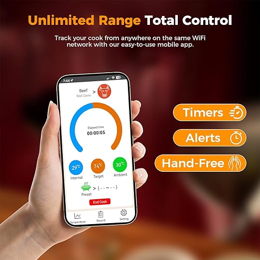 Smart Wireless Meat Thermometer,Digital Cooking Thermometer with Dual High-Accuracy Sensors, Ceramic Heat-Resistant Probe, Instant Read LCD & App Control for Kitchen,BBQ,Oven,Grill,Air Fryer,Red