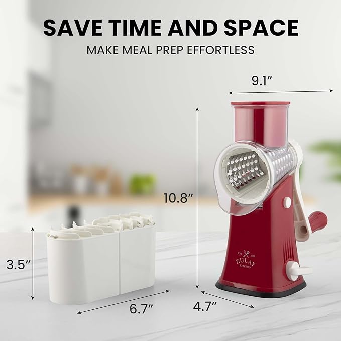 Zulay Kitchen Rotary Cheese Grater 5 Blade Cheese Shredder - Manual Hand Crank Cheese Grater With Reinforced Suction & 5 Interchangeable Drums - Easy to Use, Vegetable Chopper Round Mandoline Slicer
