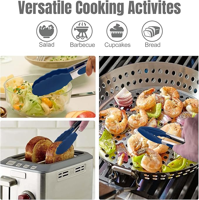 HOTEC Premium 7 & 9 Inch Kitchen Tongs, Stainless Steel Locking Cooking Tongs with Silicone Tips, Non-Scratch & Heat Resistant, Serving Tongs for Salad, BBQ, Classic Blue, Set of 2