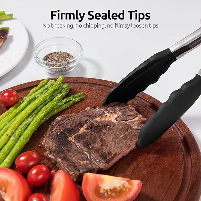 600ºF Heat Resistant Kitchen Tongs: U-Taste 9+12 inch Silicone Cooking Tong Set with Firm Sealed Non Stick Rubber Tips and Silicon Coated 18/8 Stainless Steel Handle for Serving Grilling Salad (Black)