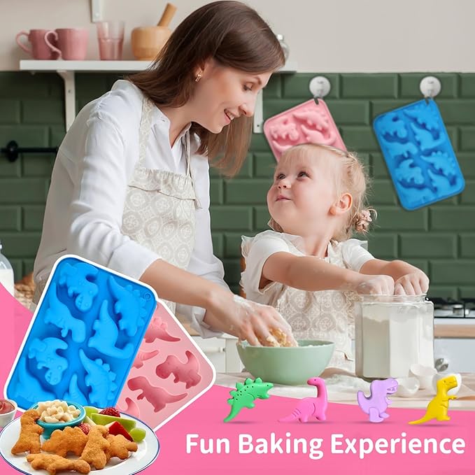JOERSH 4Pcs Dinosaur Silicone Candy Molds Gummy Dinosaur Molds 8-Cavity Shaped with T-rex, Stegosaurus, Triceratops, Brontosaurus, Non-Stick for Chocolate, Cookie, Snacks, Cake Decorations