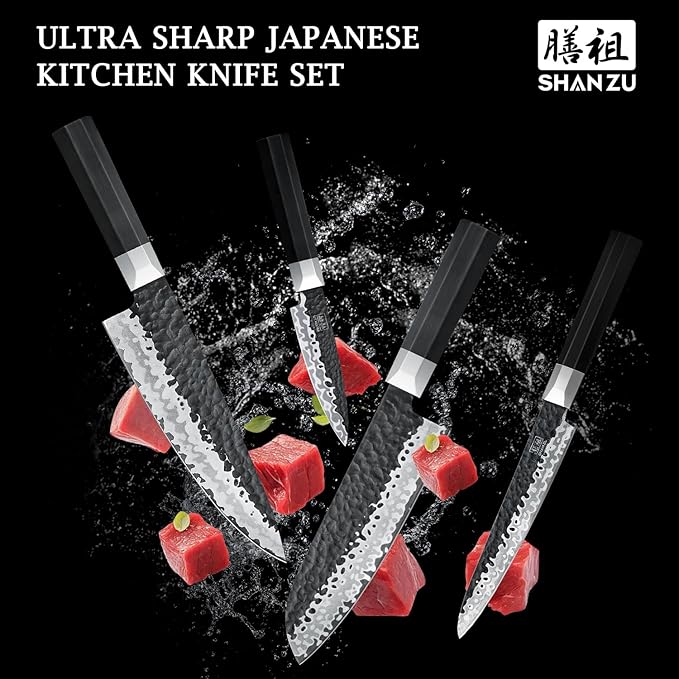 SHAN ZU 7-Piece Japanese Knife Set - 7 Layers 10Cr15MoV High Carbon Steel Kitchen Knifes Set with Block and Sharpener,Ultra-Sharp Chef Knife Set with G10 Handle