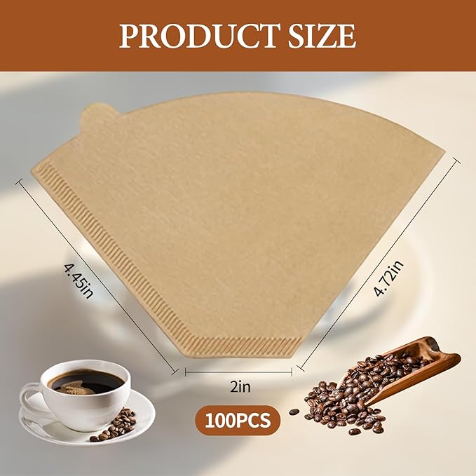 100 Count #4 Cone Coffee Filters 8-12 Cup, Natural Unbleached Disposable Coffee Filters, Compatible with Pour-Over and Drip Coffee Makers.