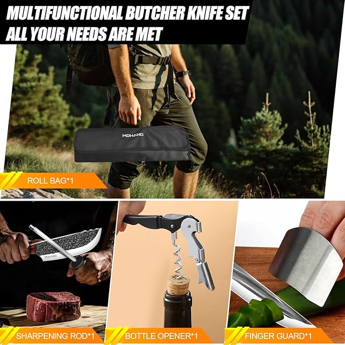 MDHAND 14PCS Butcher Knife Set, Hand Forged Butcher Chef Knife Set with Roll Bag, Sharp Meat Cleaver Knife & Bone Chopper Knives & Fillet Knives for Home & Camping & BBQ Gift for Men