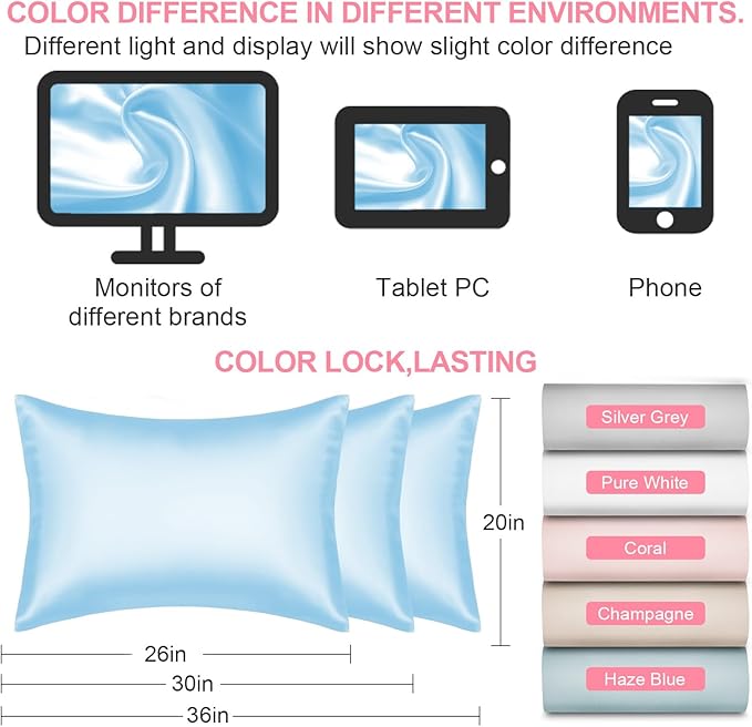 Mulberry Silk Pillow Cases Queen Size with Hidden Zipper, Ultra Smooth and Soft Breathable Cooling Silk Satin Pillowcase for Hair and Skin, Gifts for Women Men (Sky Blue, 20x30 Inches, 1 Pack)