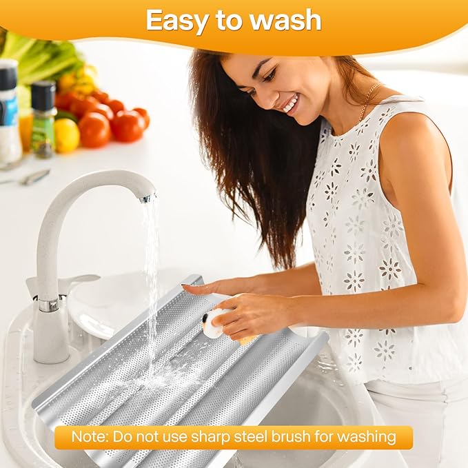 Baguette Pan, Baguette Bread Pan Perforated, Nonstick French Bread Baking Pan 3 Loaves with Proofing Cloth, Dough Cutter Kit for Home Baker, Baguette Tray 15x11 Inch Silver Bread Pan