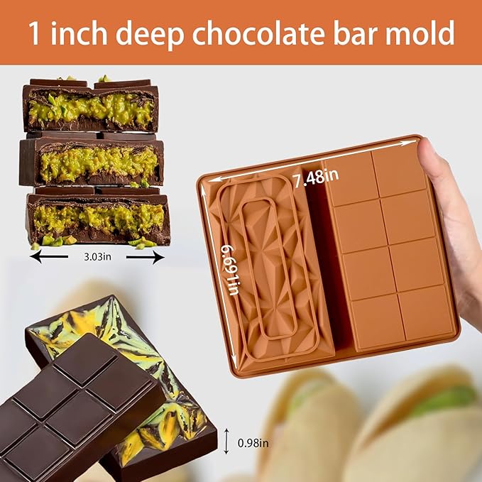 Dubai Chocolate Molds Silicone, 1 Inch Deep Chocolate Bar Mold for Candy Bar，Desserts，Homemade Snack Baking Mold - Set of 1