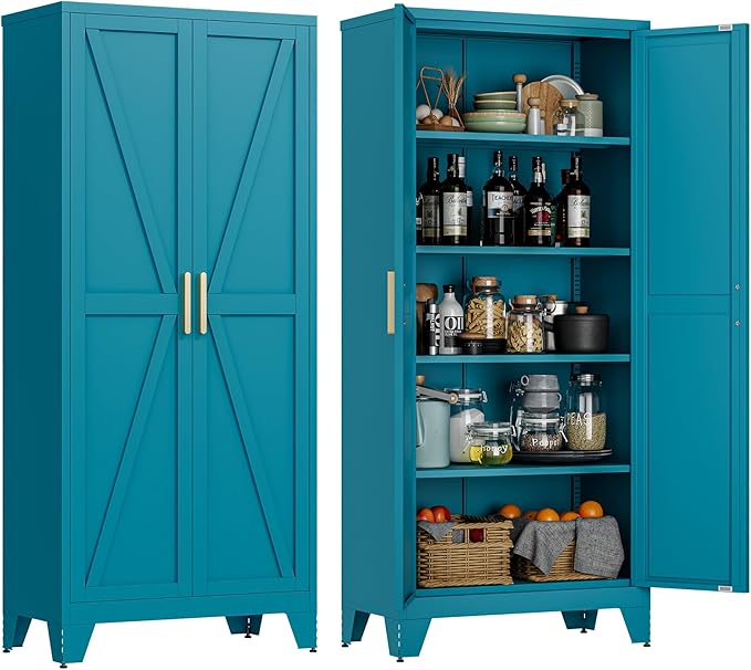 71" Tall Metal Storage Cabinet with 2 Doors and 4 Adjustable Shelves, 5-Tier Kitchen Pantry Storage Cabinet for Kitchen, Living Room, Dining Room and Office, Blue