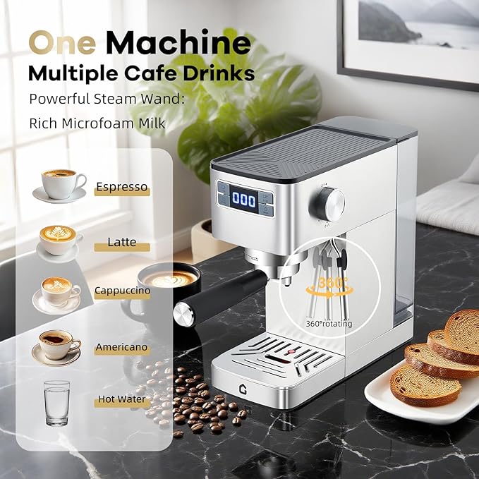 Garvee Compact 20 Bar Espresso Machine–Stainless Steel, Steam Milk Frother, Removable Tank for Cappuccino/Latte,(Silver)