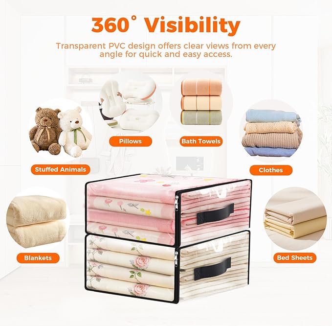 SpaceWhisper 4 Pack Clear Storage Bags, Plastic Blanket Storage Bags with Zipper and Handle, Moving Bags for Comforter, Bedding & Clothes, Closet Organizer and Under Bed Storage (17.7x15.7x7.9 Inch)