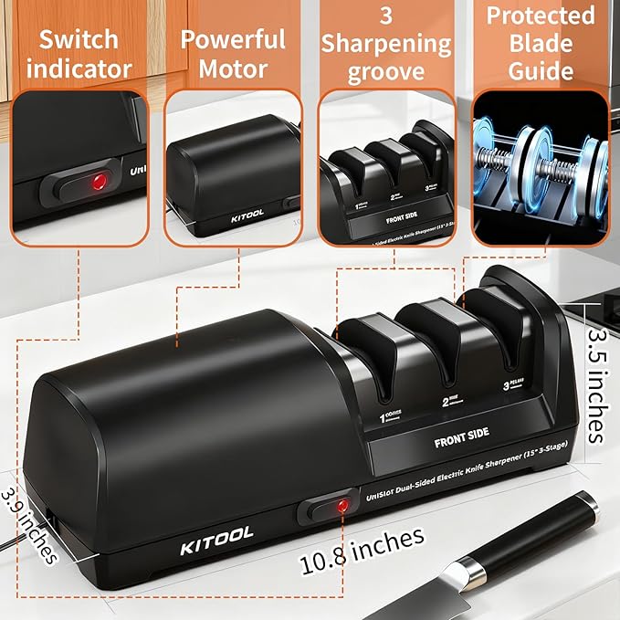 Electric Knife Sharpener, 3-Stage with 100% Diamond Abrasives, Dual-Sided Fast Sharpening, Low Noise & Auto Temperature Control, for Kitchen Straight, Serrated & Ceramic Knives