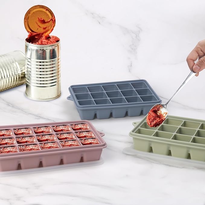 2 Tbsp Silicone Freezer Molds - Perfect for Storing Garlic, Herbs, Ginger, Pesto, Tomato Paste, Lemon Juice, Purees and More - Silicone Food Freezer Tray (Multicolor 3 Pack)