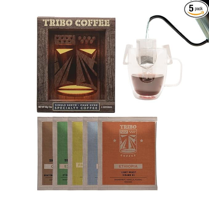 Tribo Coffee Single-Serve Portable Pour Over Drip Coffee - Variety - 5 Servings (Light, Medium & Med-Dark Roast)