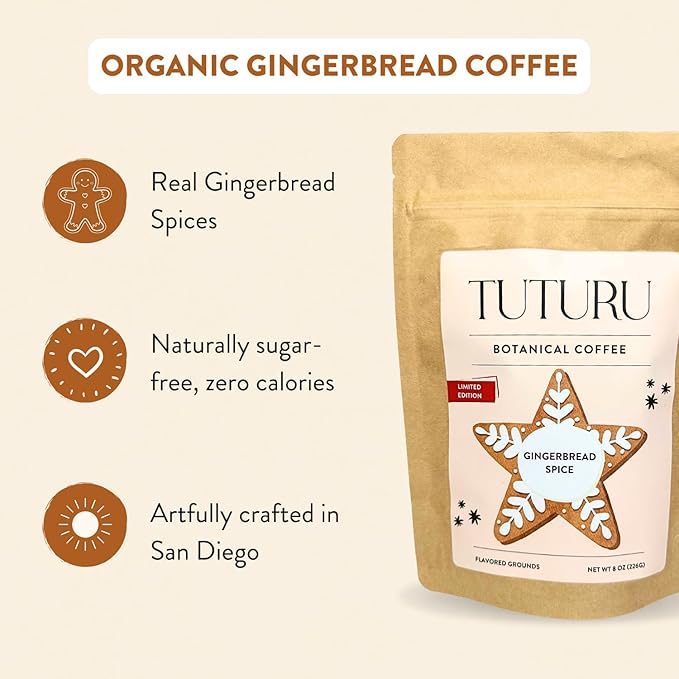 Organic Gingerbread Ground Coffee - Medium Roast, Flavored Coffee - Real Gingerbread Spices - Smooth Low-Acid- Perfect for Drip, Pour Over or Cold Brew - 8 oz, 22 Servings