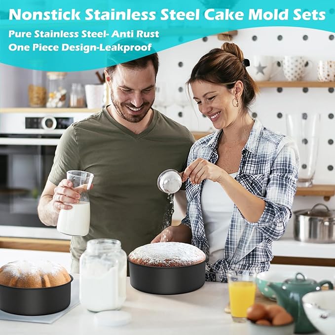 LIANYU 6 Inch Round Cake Pan for Baking, Nonstick Stainless Steel Baking Cake Pan Tin Bakeware for Birthday Wedding Party, Non Toxic Coating, 2 Inch Deep, Dishwasher Safe, Black