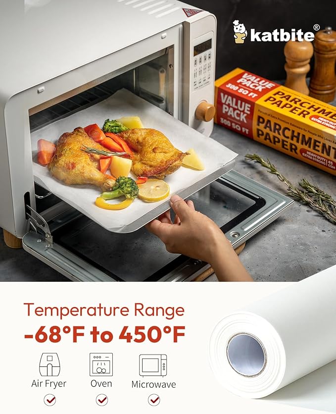 Katbite 15in x 242ft, 300 Sq.Ft Value Pack Parchment Paper Roll for Baking, Parchment Baking Paper with Serrated Cutter, Heavy Duty & Value Pack Roll for Cooking, Air Fryer, Steaming, Bread