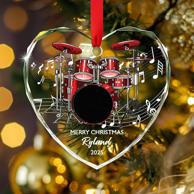 Personalized Drum Musical Instrument Glass Ornament, Customized Year Text Name Christmas Ornaments Gift for Drummer Husband Wife Dad Mom Kids, Unique Drum Set Glass Christmas Ornament for Birthday