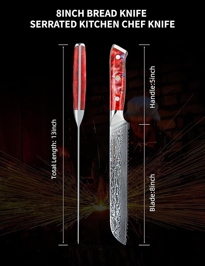 8” Bread Knife Serrated Kitchen Chef Knife - Damascus Steel & Resin Handle - Xuan Series (Sunset Red)