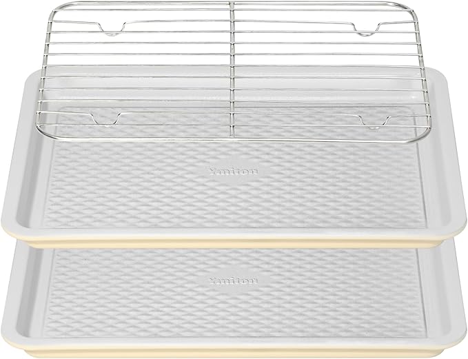 Nonstick Ceramic Baking Sheet with Rack, 2-Pack 13x9 Quarter Sheet Pan, Non-Toxic, PTFE & PFOA Free, Warp-Free, Oven Safe 550°F, Dishwasher Safe, Aluminized Steel, Gray Yellow