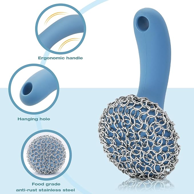 Cast Iron Scrubber with Long Handle | 316 Cast Iron Cleaner Chainmail Scrubber for Pan Skillet Cleaner - Dish Scouring Pad Dishwasher Safe Cleaning Kit (Blue, 1 Scrubber + 1 Scraper)
