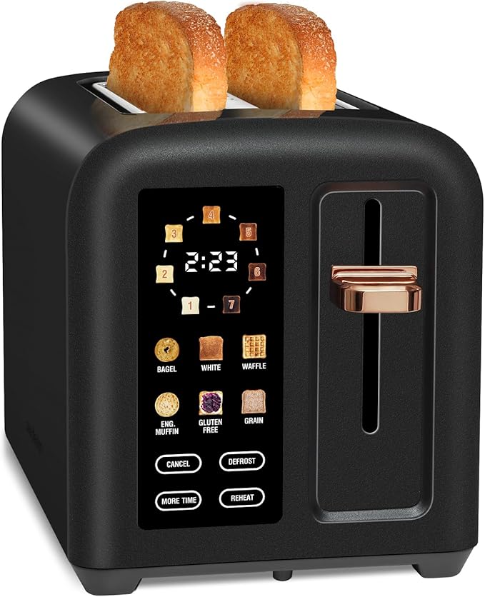 SEEDEEM Toaster 2 Slice, Touch Control Stainless Toaster LCD Display, 50% Faster Heating Speed, 1.4'' Wide Slots, More Timer Functions, Removable Crumb Tray, 1350W, Dark Chocolate