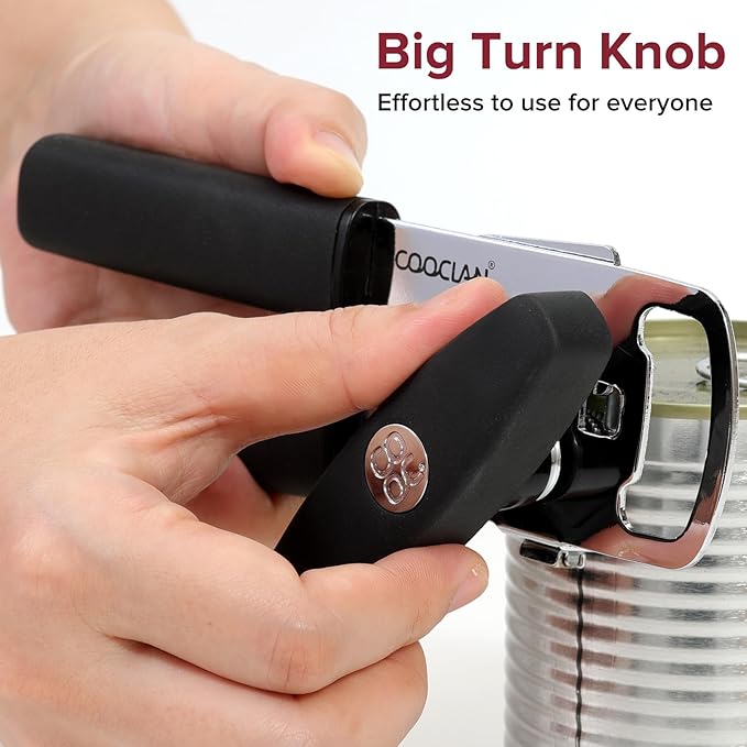 Can Opener Manual 2-in-1 with Magnet, Hand Held Can Openers with Stainless Steel Sharp Blade (Smooth Cut), Large Effortless Turn Knob, Non-Slip Soft Rubber Handle, Built-Bottle Openers, Black
