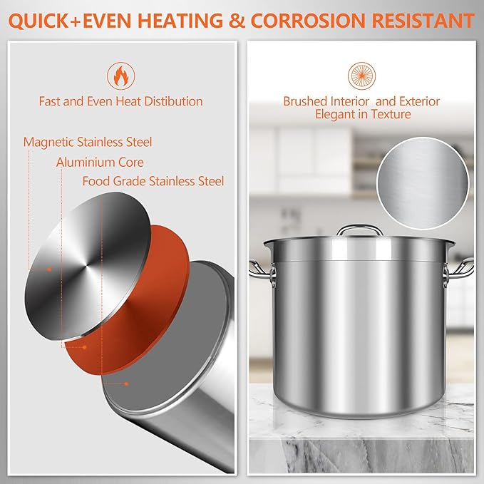 Large Stock Pot with Lid - 40 Quart Stainless Steel Cookware, 10 Gallon Heavy Duty Soup Pot, Big Pots for Cooking, Compatible Induction & Oven