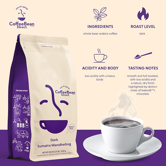 Coffee Bean Direct Dark Sumatra Mandheling, Whole Bean Coffee, Arabica Coffee, Dark Roast, 2.5 Pound Bag (Pack of 1)